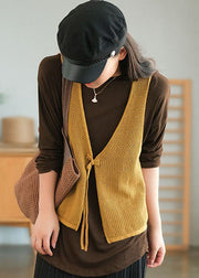 Chic Yellow V Neck Hollow Out Tie Waist Knit Vests Fall