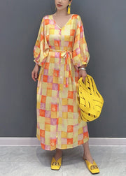 Chic Yellow V Neck Plaid Silk Long Dress Lantern Sleeve