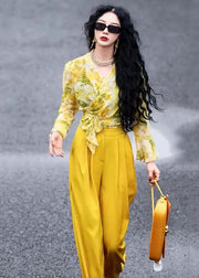 Chic Yellow V Neck Print Chiffon Shirts And Wide Leg Pants Two Pieces Set Fall