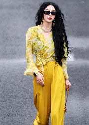 Chic Yellow V Neck Print Chiffon Shirts And Wide Leg Pants Two Pieces Set Fall