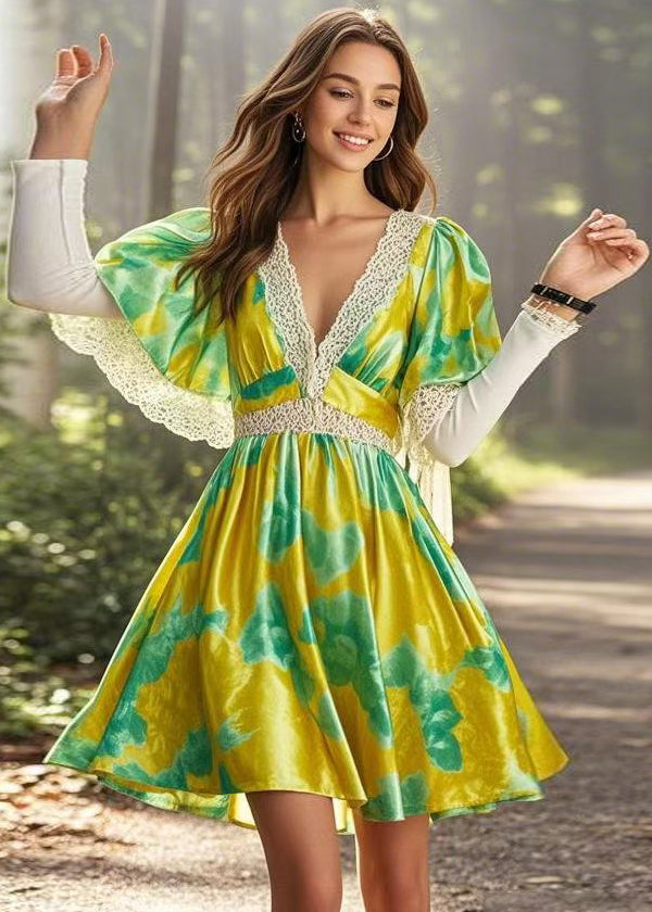 Chic Yellow V Neck Print Lace Patchwork Silk Mid Dress Cloak Sleeves