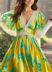 Chic Yellow V Neck Print Lace Patchwork Silk Mid Dress Cloak Sleeves