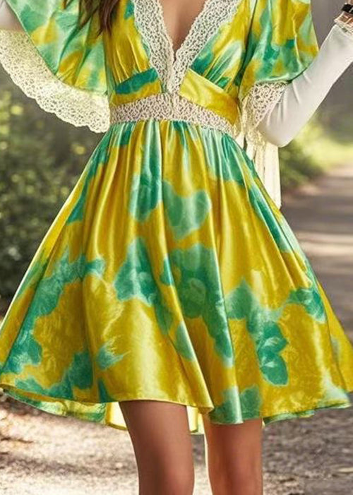 Chic Yellow V Neck Print Lace Patchwork Silk Mid Dress Cloak Sleeves