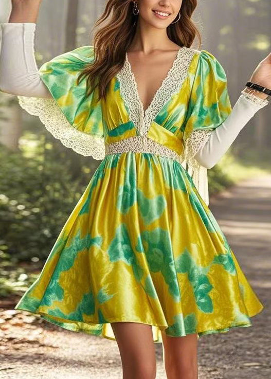 Chic Yellow V Neck Print Lace Patchwork Silk Mid Dress Cloak Sleeves