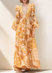 Chic Yellow V Neck Print Nail Bead Vacation Dresses Fall