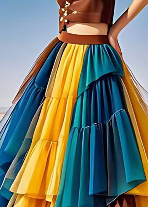 Chic Yellow Wrinkled Elastic Waist Tulle Patchwork Skirts Summer