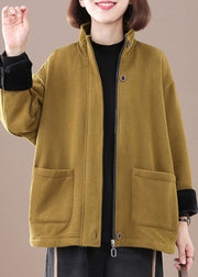 Chic Yellow Zip Up Pockets Warm Fleece Coat Winter