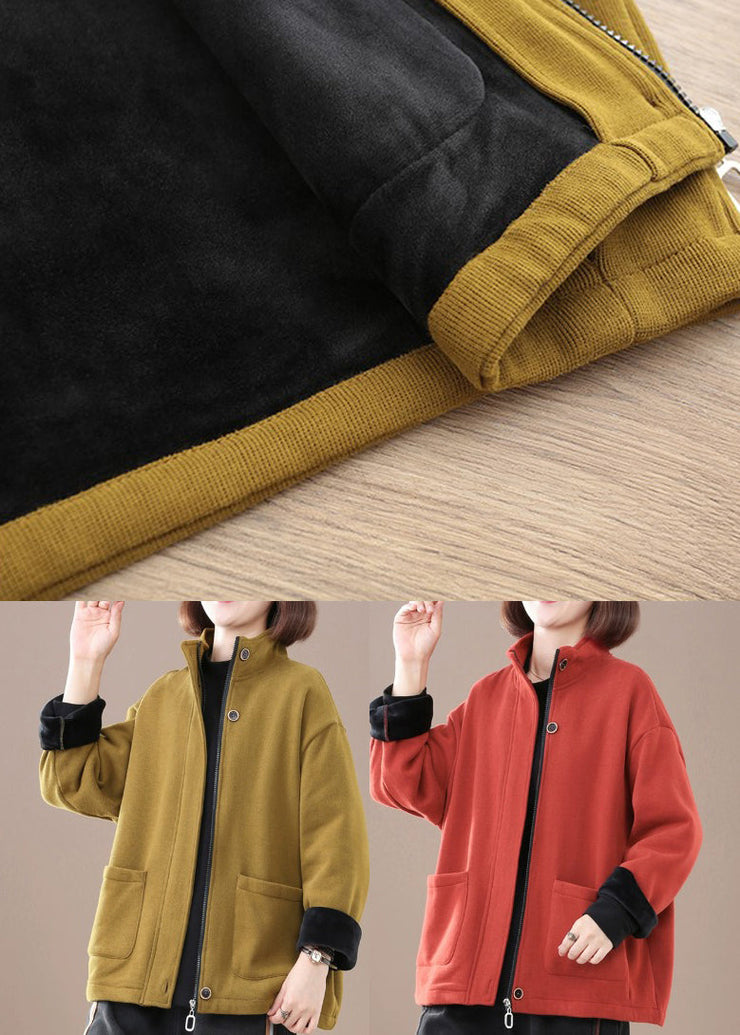 Chic Yellow Zip Up Pockets Warm Fleece Coat Winter