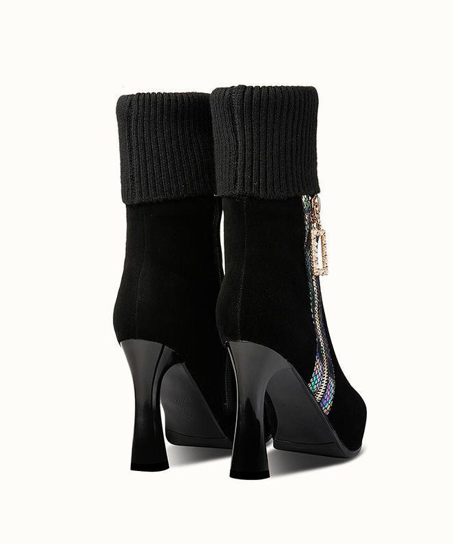 Chic Zircon Zippered Splicing High Heel Boots Black Suede