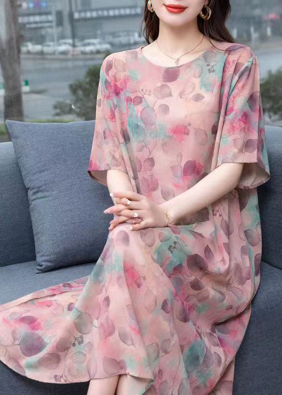 Chic light Purple O-Neck Print Patchwork Chiffon Dresses Summer