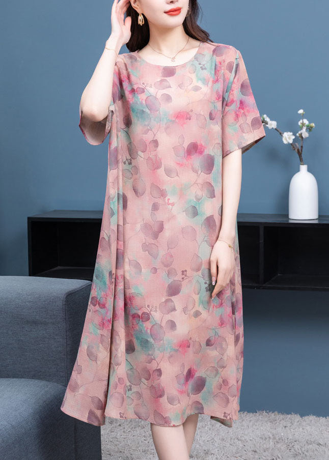 Chic light Purple O-Neck Print Patchwork Chiffon Dresses Summer