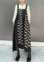 Chice Black Slash Neck Striped Pockets Long Spaghetti Strap Dress Spring