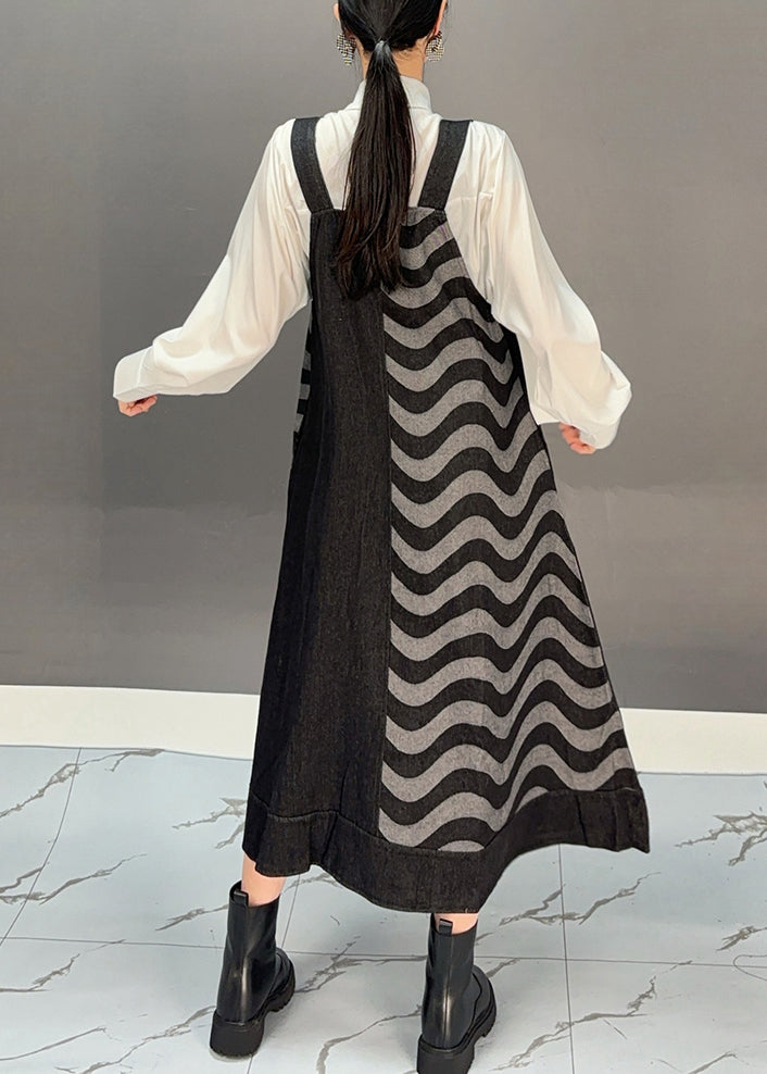 Chice Black Slash Neck Striped Pockets Long Spaghetti Strap Dress Spring