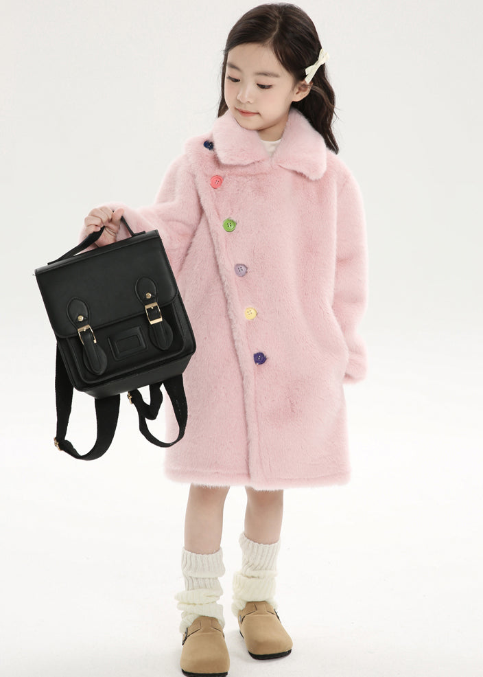 Chice Pink Asymmetrical Peter Pan Collar Kids Mink Velvet Long Woolen Coats Winter