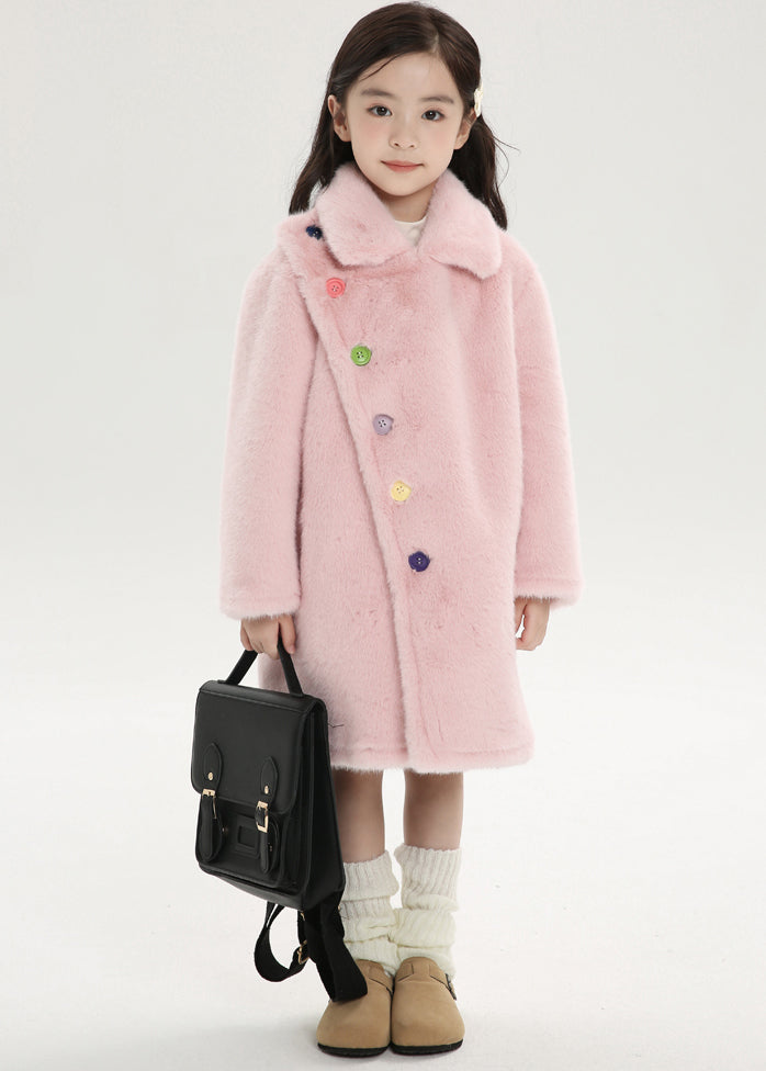 Chice Pink Asymmetrical Peter Pan Collar Kids Mink Velvet Long Woolen Coats Winter