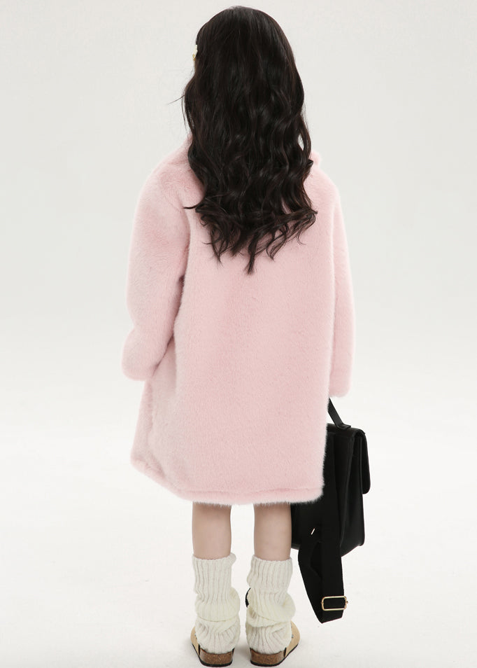 Chice Pink Asymmetrical Peter Pan Collar Kids Mink Velvet Long Woolen Coats Spring