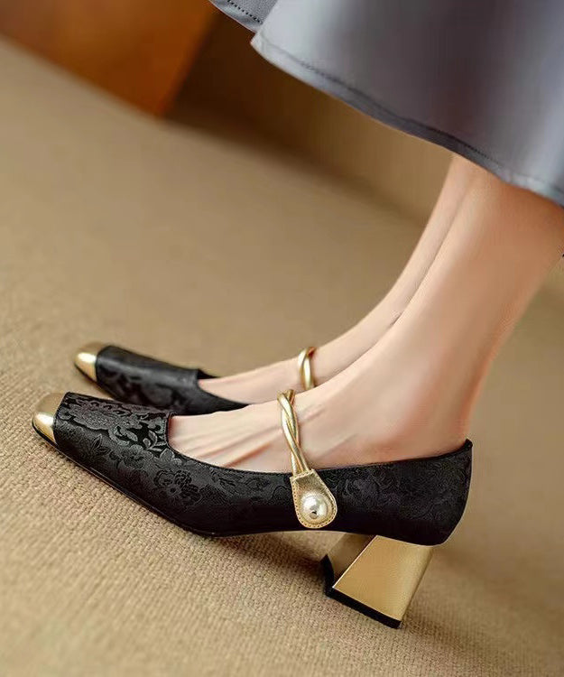 Chinese Retro Black Chunky Heel Print Buckle Strap Loafers