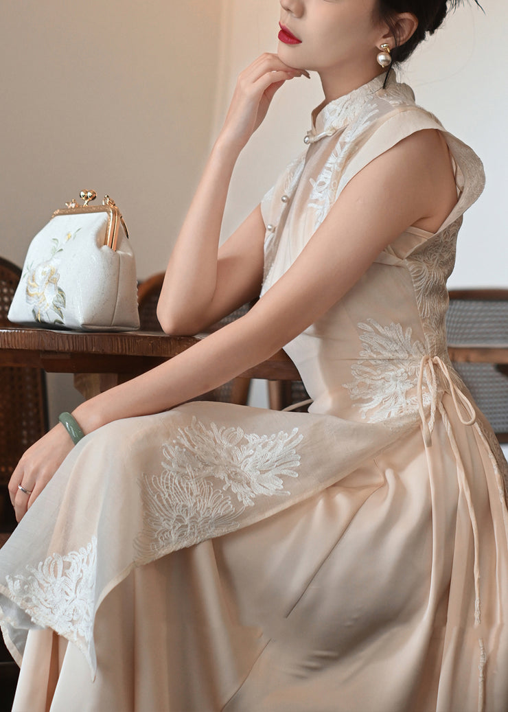 Chinese Style Apricot Button Lace Up Silk Two Piece Set Outfits Sleeveless
