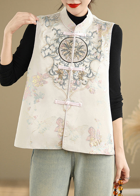 Chinese Style Apricot Embroidered Cotton Vest Sleeveless