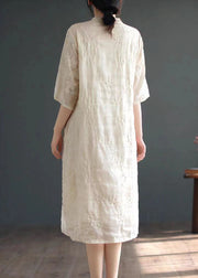 Chinese Style Apricot Embroideried Button Patchwork Linen Dress Summer