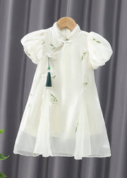 Chinese Style Apricot Embroideried Nail Bead Girls Chiffon Long Dress Summer