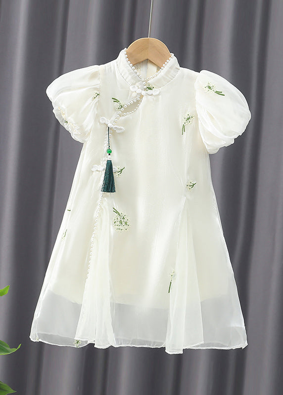 Chinese Style Apricot Embroideried Nail Bead Girls Chiffon Long Dress Summer