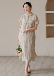 Chinese Style Apricot Embroideried Patchwork Linen Dress Summer