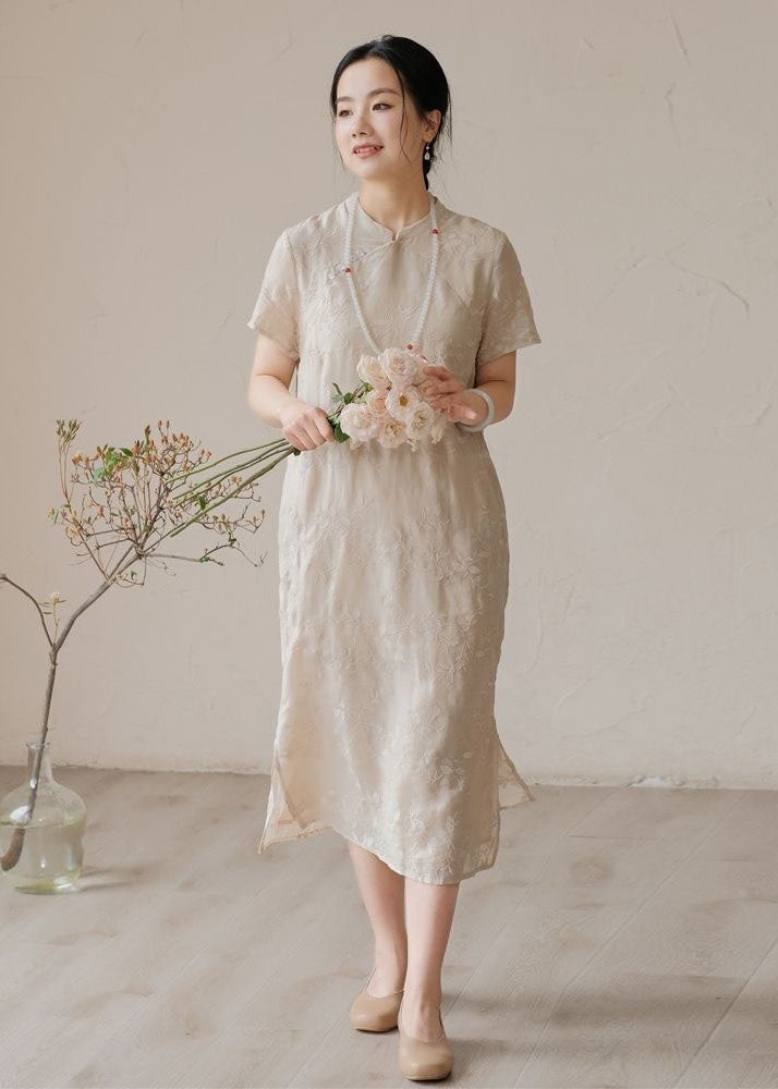 Chinese Style Apricot Embroideried Patchwork Linen Dress Summer