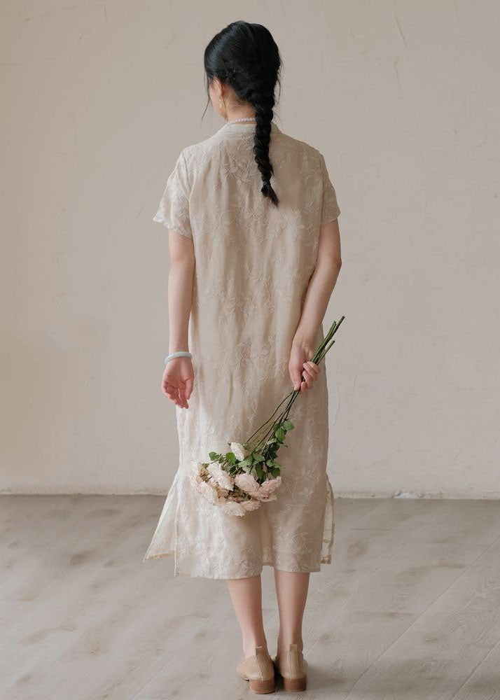 Chinese Style Apricot Embroideried Patchwork Linen Dress Summer