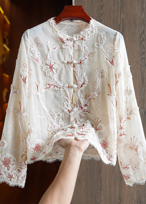 Chinese Style Apricot Lace Embroidered Patchwork Silk Top Spring