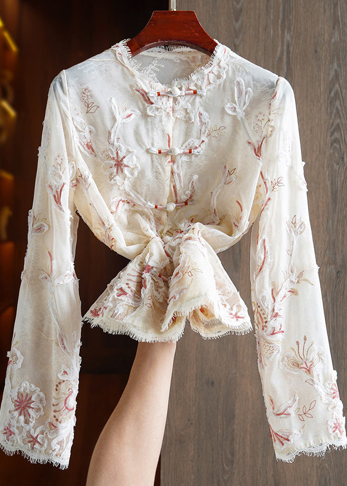 Chinese Style Apricot Lace Embroidered Patchwork Silk Top Spring