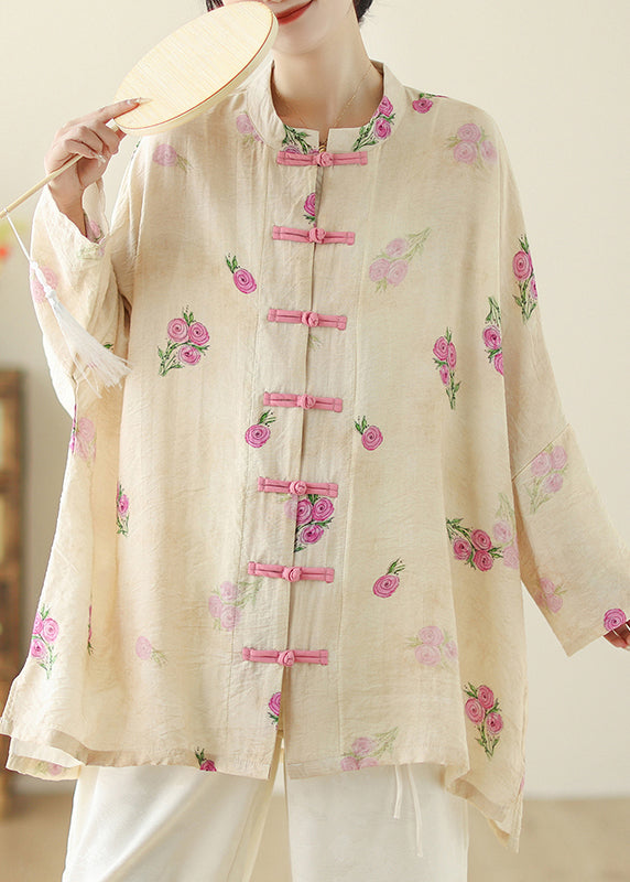 Chinese Style Apricot Print Oriental Button Cotton Shirts Spring