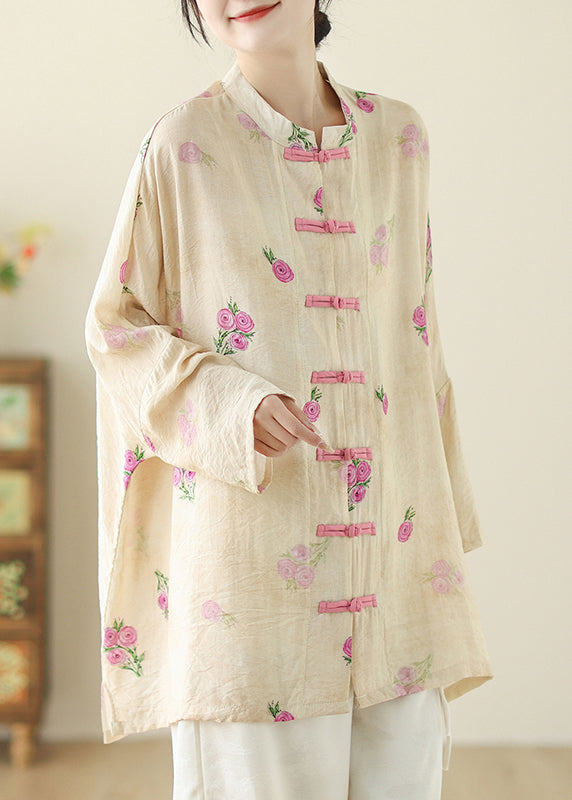 Chinese Style Apricot Print Oriental Button Cotton Shirts Spring