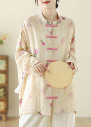 Chinese Style Apricot Print Oriental Button Cotton Shirts Spring