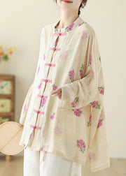 Chinese Style Apricot Print Oriental Button Cotton Shirts Spring