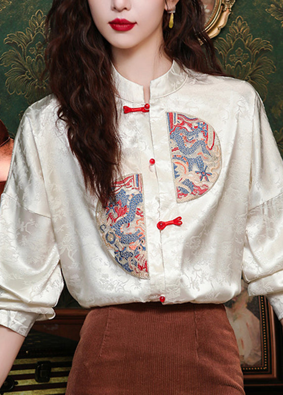 Chinese Style Apricot Stand Collar Embroidered Silk Shirt Long Sleeve