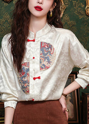 Chinese Style Apricot Stand Collar Embroidered Silk Shirt Long Sleeve