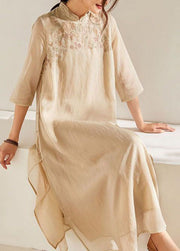 Chinese Style Apricot Stand Collar Embroideried Patchwork Silk Dress Summer