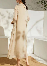 Chinese Style Apricot Stand Collar Embroideried Patchwork Silk Dress Summer