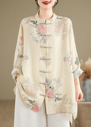 Chinese Style Apricot Stand Collar Print Button Shirts Fall