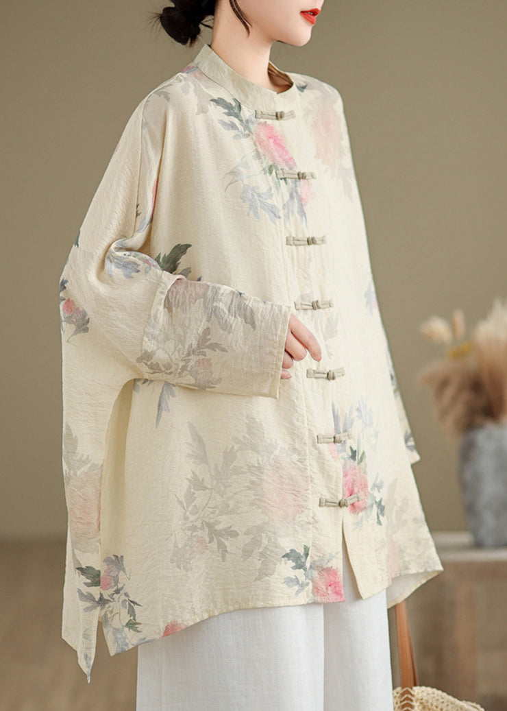 Chinese Style Apricot Stand Collar Print Button Shirts Fall