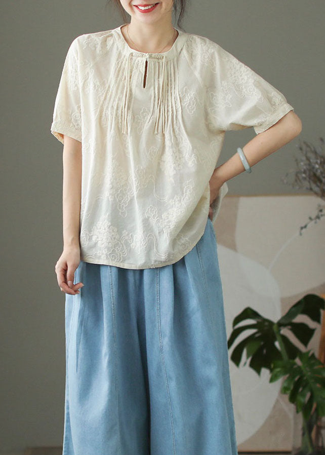 Chinese Style Apricot Tassel Embroidered Cotton Top Summer