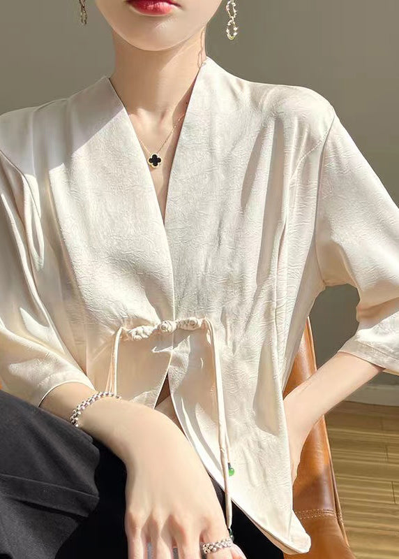 Chinese Style Apricot V Neck Tasseled Silk Coat Bracelet Sleeve