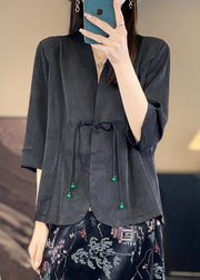 Chinese Style Apricot V Neck Tasseled Silk Coat Bracelet Sleeve