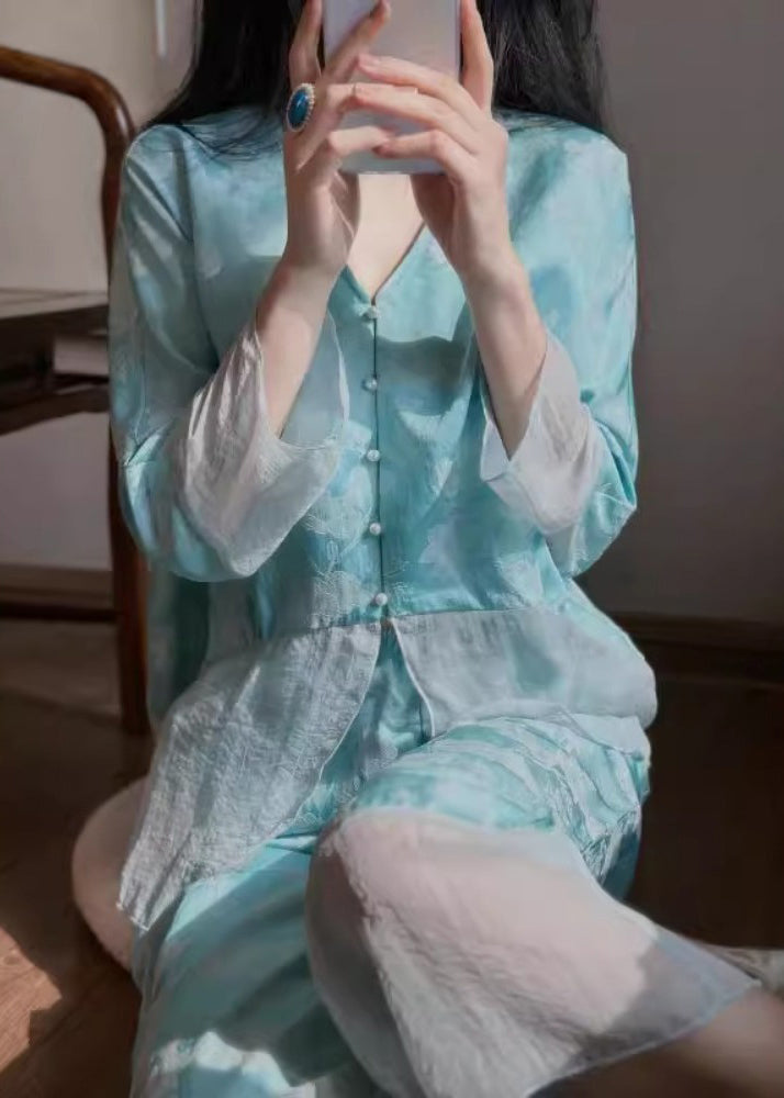 Chinese Style Baby Blue V Neck Patchwork Jacquard Ice Silk Pajamas Two Piece Set Long Sleeve