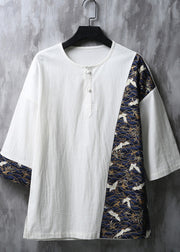 Chinese Style Beige Embroidered Patchwork Linen Mens T Shirts Summer