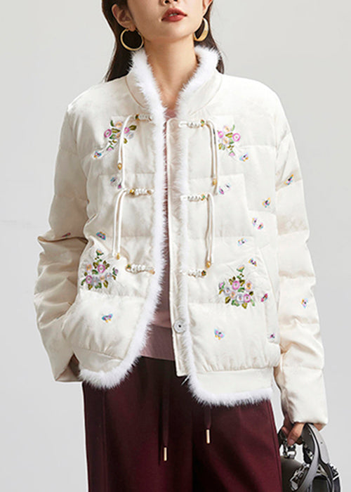 Chinese Style Beige Embroidered Button Duck Down Parka Long Sleeve