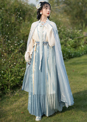 Chinese Style Beige Embroideried Tops And Blue Pleated Skirt  Chiffon Two Pieces Set Fall