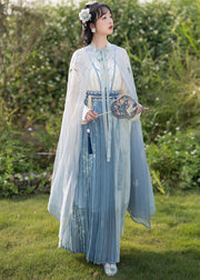 Chinese Style Beige Embroideried Tops And Blue Pleated Skirt  Chiffon Two Pieces Set Fall