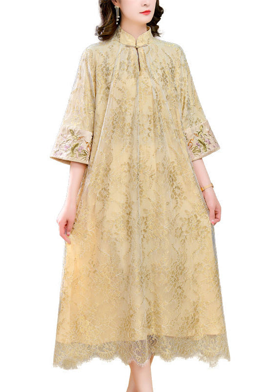 Chinese Style Beige Mandarin Collar Chinese Button Lace Dresses Summer